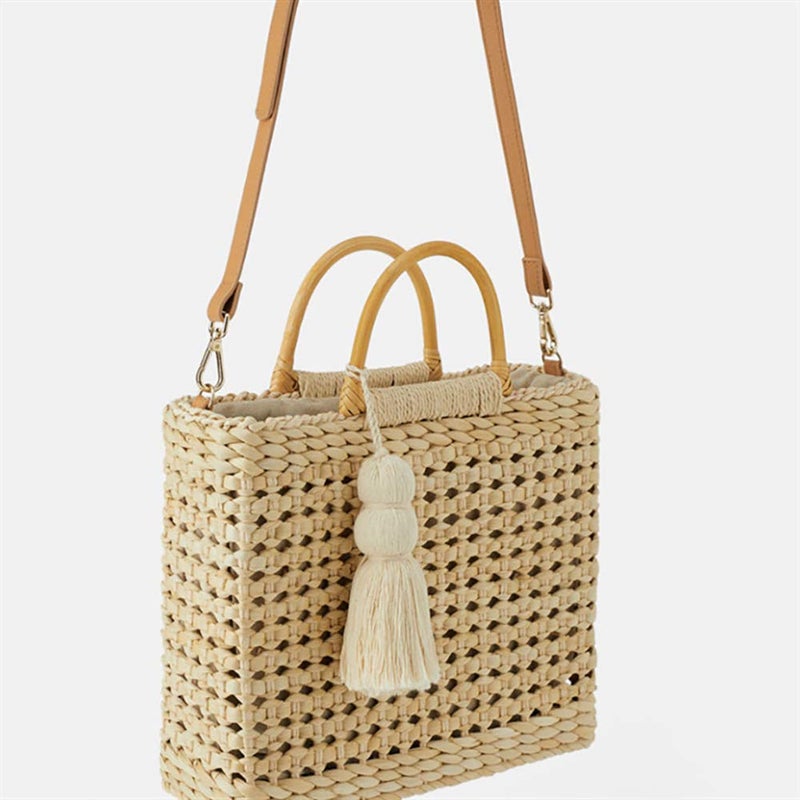 QZUnique Straw Bucket Bags for Women Top Handle Drawstring Woven Handbag Shoulder Bag Summer Beach Purses with Bamboo Handle - Image 2